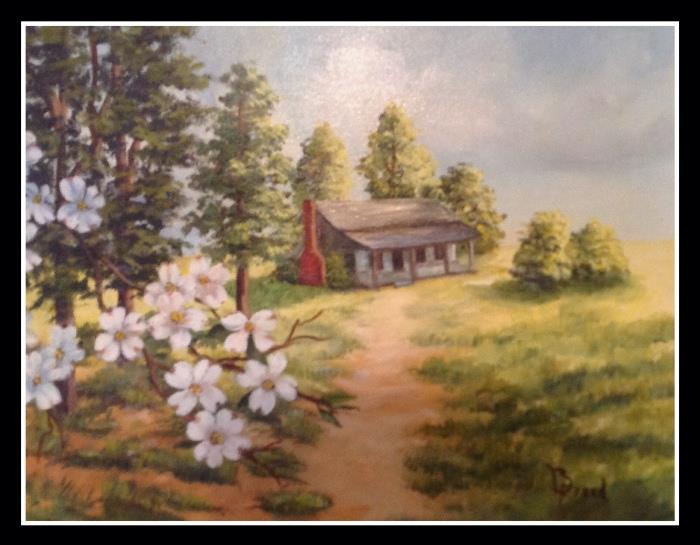 Oil painting with dogwood and homestead lots of decor at this home