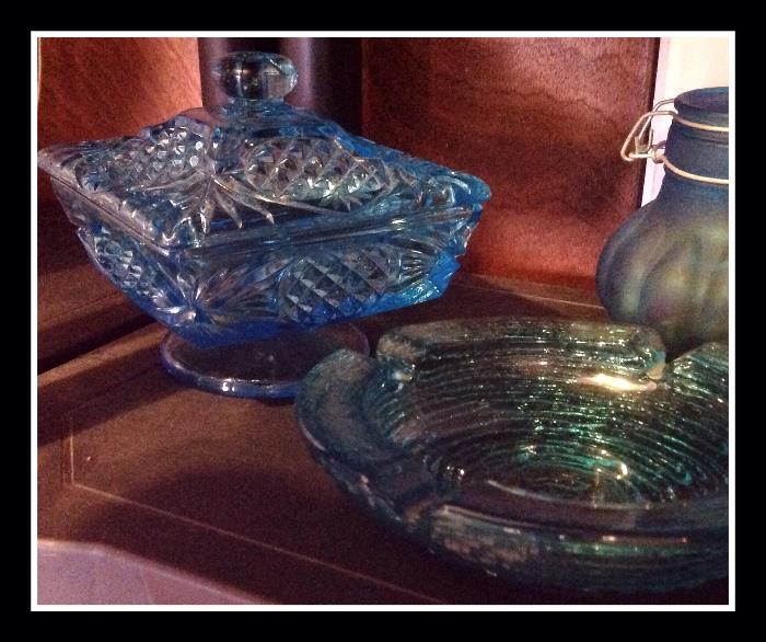 Glassware, blue, green , depression, crystal 