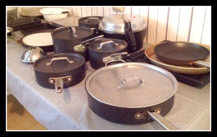 Several sets of pits and pans; Club, Calohalon, 