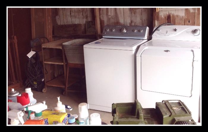Washer and dryer, cleaning supplies, quilting frames, old washtub, kitchen cart