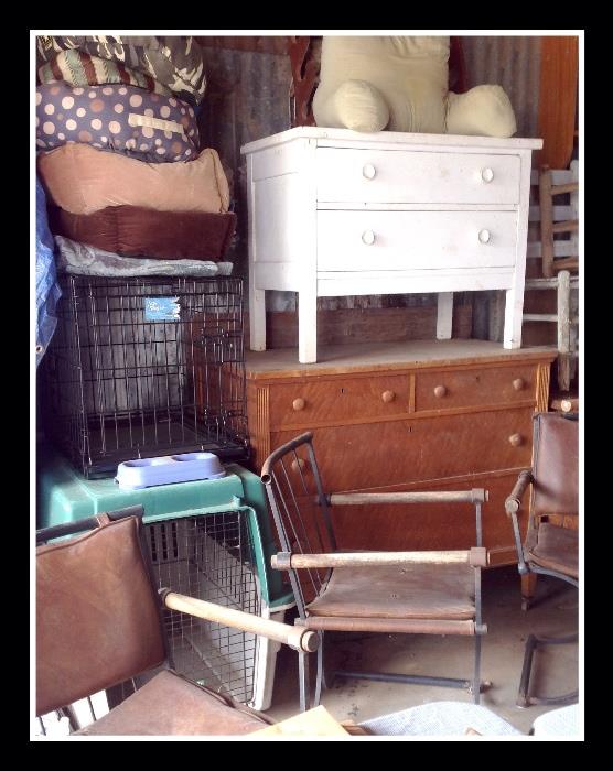 Large Remington pet crate, pet beds, vintage dresser, and chest, wood and iron chairs