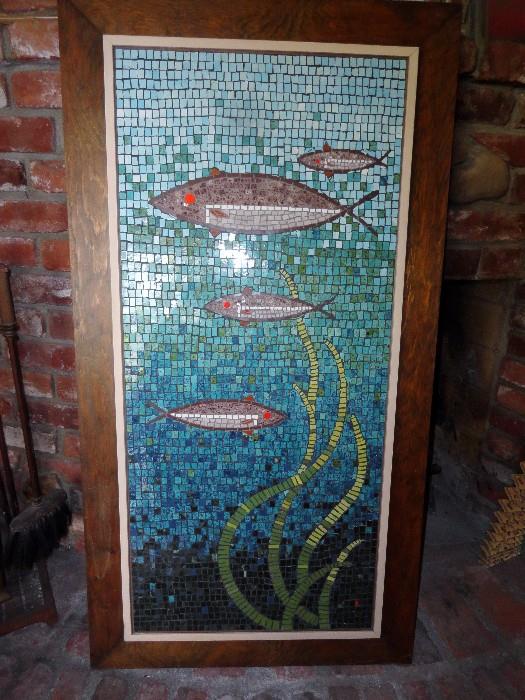 Large fab mosaic fish framed art picture