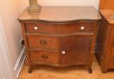 Antique Serpentine Tiger Oak Chest of Drawers w Glass Top