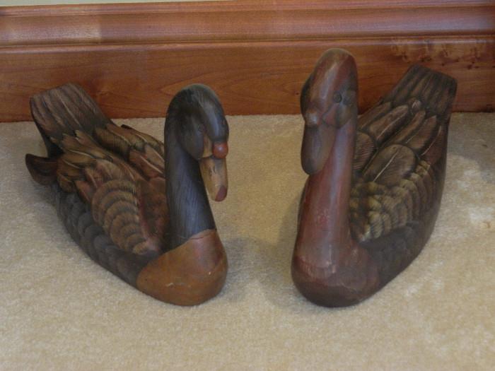 Pair of carved wood swans