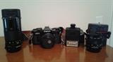 Cannon AE-1 w/ 200mm & 28mm Lenses, Mounted Flash and Case