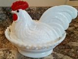 Vintage Milk Glass Hen on Nesting Dish