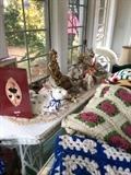 Crochet blankets, oriental decorative items, cast iron birds, Fu Dog, 