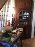 Antique corner cabinet with Arts and Crafts details, 1930's enamel top kitchen table, stoneware mixing bowls