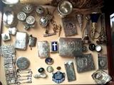 Antique sterling silver chatelaine items, sterling belt, cigarette & money cases, pill/rouge boxes and more