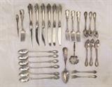Sterling Wallace Lucerne iced tea spoons; Grand Baroque knives, misc other flatware and serving pieces