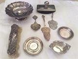 Fancy sterling pie / cake servers, sterling compote, rare sterling large desk ink blotter and more