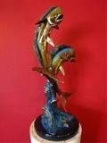 HUGE BRONZE SCULPTURE, 2 LEAPING MAHI-MAHI FISH, PATINATED BRONZE WITH ROUND MARBLE BASE, LIMITED EDITION NUMBERED 18/50