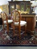 3 PC FRENCH EMPIRE STYLE MARBLE TOP BAR AND 2 BARSTOOLS, DARK FINISH WITH GOLD ACCENTS ON BAR, BARSTOOLS HAVE PLUME MOTI