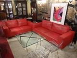 2 PC MODERN DESIGN RED LEATHER SOFA & LOVESEAT, HIGH QUALITY LEATHER, EXCELLENT GENTLY USED VINTAGE CONDITION, SKU255, P