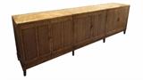 MID CENTURY MASTERCRAFT CREDENZA, ASIAN INSPIRED WITH RATTAN PANELS, BRASS PULLS, 4 PIECES WITH 3 CHESTS SITTING ON WOOD