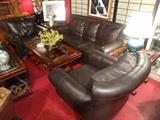 4 PC LEATHER SOFA, 2 CHAIRS & OTTOMAN, DARK BROWN LEATHER, NAIL HEAD TRIM, CARVED WOOD FEET, EXCELLENT GENTLY USED CONDI