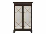 LILLIAN AUGUST FOR HICKORY WHITE LANDFORD BAR CABINET, BLACK AND GOLD FINISH, ANTIQUED MIRRORED DOORS AND INTERIOR, LIGH