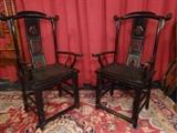 PAIR ANTIQUE CHINESE YOKE BACK PAINTED ARMCHAIRS, SHANXI PROVINCE CIRCA 1850, PAINTED BLACK, SCROLLING CREST RAIL WITH E