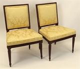 PAIR 19TH C. LOUIS XVI STYLE CARVED BEECHWOOD AND UPHOLSTERED SIDE CHAIRS, GOLD UPHOLSTERY, VERY GOOD CONDITION