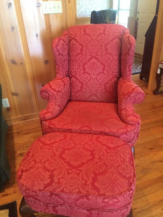 Red wing back chair with matching ottoman