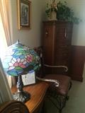 Tiffany style lamp; one of two end tables & matching lingerie chest