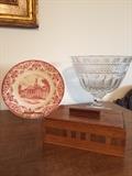 Judson College plate, crystal bowl and inlaid box.
