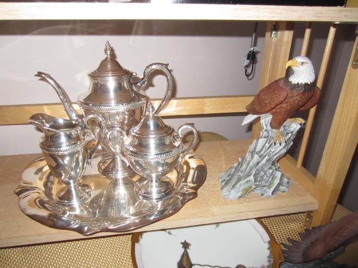 tea set, eagle sculpture