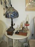 OIL LAMP    COFFEE GRINDER        LEADED GLASS LAMP