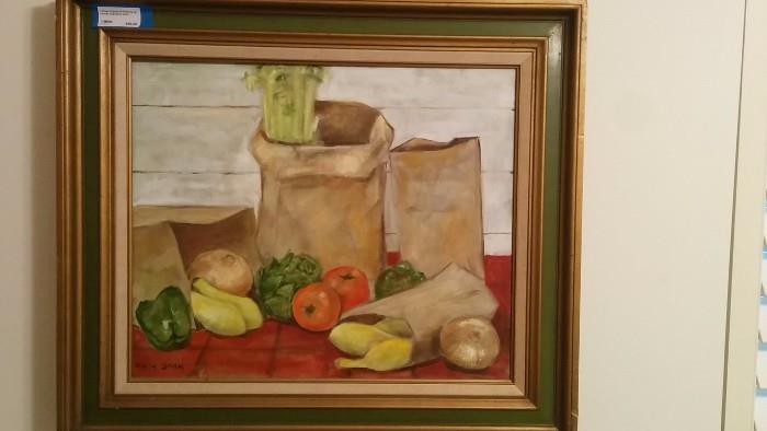 Cute, naive original oil painting grocery store run still life - great frame