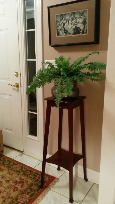 Arts & Crafts style mahogany plant stand, with silk plant - what you expected a live plant here?          Puhleaze