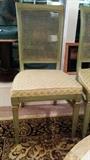 One of set/6 French green upholstered set side chairs, w/cane backs
