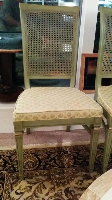 One of set/6 French green upholstered set side chairs, w/cane backs
