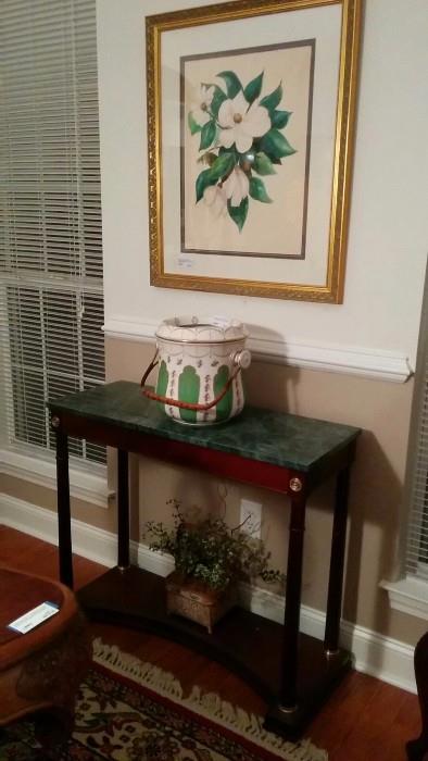 Hand painted, artist signed magnolia art, in nicely matted frame, Victorian PP pot, green marble-topped mahogany sofa table