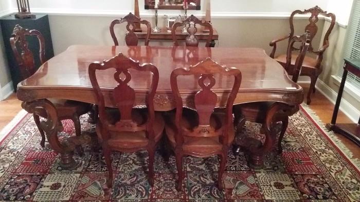 Exceptional Spanish mahogany, hand-carved dining table, w/8 matching chairs