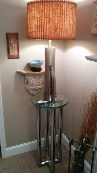 Very cool MCM brushed aluminum/polished steel lamp, w/original shade, teetering precariously on an equally suave and debonair chrome/glass pedestal. 