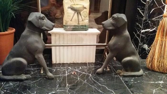 Vintage pair of cast iron black lab fire dogs, from the Liberty Foundry, St. Louis, MO