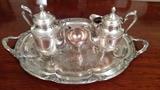 6-Piece Silver Plated Tea service.                                        This this is ULTRA heavy! The tray measures 31" handle-to-handle.                                                                                                                  This is the rear view - scroll forward to see the front view.