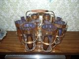 Mid-Century Glasses; brass and wood caravel with ice bucket