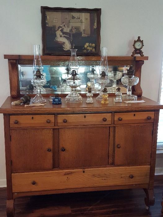 STUNNING ANTIQUE SIDEBOARD & Lots of Antique Oil Lamps