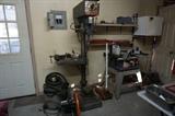 Powermatic model 1200 20" drill press (SOLD), Ryobi Table saw, shop vac, small fridge, Cleveland bits on shelf (SOLD)