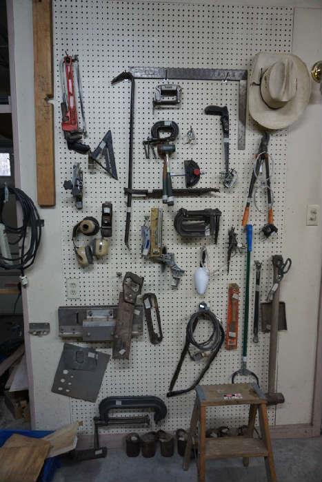 Hand tools, C clamps, weights 