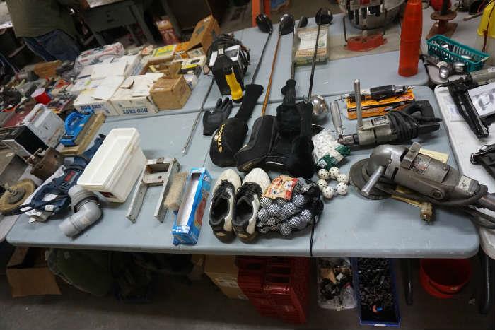 golf clubs and assorted items, boxes of staples and other hardware
