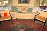 Baker upholstered sofa and 1959 "Far East" collection side chairs