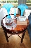 Baker end table with Baccarat and a stunning pair of Kralik / Czech blue glass fan vases (The Lalique is sold)