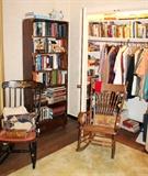 Henredon "Campaign" bookcase, Hitchcock rocking chair and antique rocker that needs repair, lots of books, men's clothing, and more!