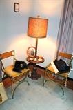 Mid-Century green metal chairs (matching stool) and lamp