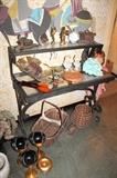 Vintage iron / glass table, baskets, brass pieces, and more!