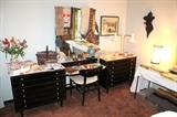 American of Martinsville Mid-Century Modern black / white bedroom - Full bed, 2 nightstands, chest-of-drawers, and vanity / double dresser combo with chair