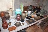 Stoneware and other pottery pieces, antique boxes, vintage fan
