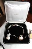 Betsy Fuller 18k yellow gold and sterling silver shell / pearl necklace and earrings